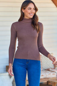 Winnie Ribbed Fitted High Neck Brown Top