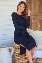 Load image into Gallery viewer, Margot Black Ribbed Knit Tie Front Dress