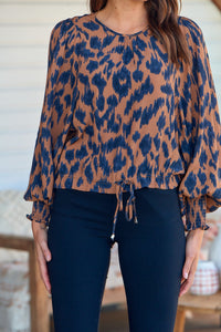 Schiella Balloon Sleeve Brown Print Drawstring Top