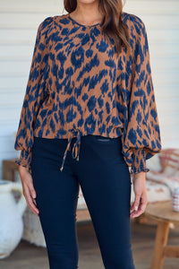 Schiella Balloon Sleeve Brown Print Drawstring Top