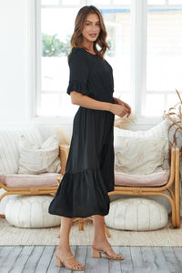 Artella Black Satin Frill Maxi Dress