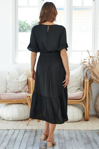 Artella Black Satin Frill Maxi Dress