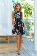 Load image into Gallery viewer, Ibigale Black/Pink Floral Belted Aline Classic Dress