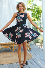 Load image into Gallery viewer, Ibigale Black/Pink Floral Belted Aline Classic Dress