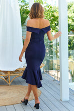 Load image into Gallery viewer, Juliette Off Shoulder Fishtail Navy Evening Dress