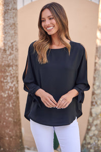 Ophelia Black 3/4 Split Tie Sleeve Blouse