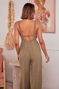Amira Khaki Linen Backless Jumpsuit