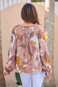 Glenda Long Sleeve Beige Floral Print Top