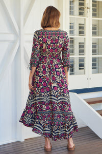 Willow Tie Sleeve Navy/Pink Floral Print Maxi Dress