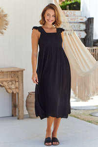 Raquel Frill Shoulder Shirred Bust Black Midi Dress