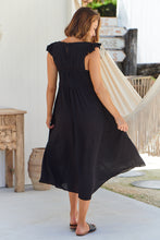 Load image into Gallery viewer, Raquel Frill Shoulder Shirred Bust Black Midi Dress
