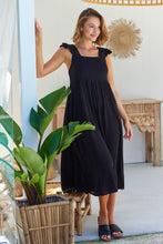 Load image into Gallery viewer, Raquel Frill Shoulder Shirred Bust Black Midi Dress