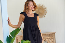 Load image into Gallery viewer, Raquel Frill Shoulder Shirred Bust Black Midi Dress