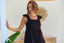 Load image into Gallery viewer, Raquel Frill Shoulder Shirred Bust Black Midi Dress