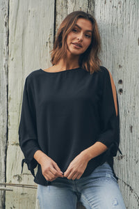 Ophelia Black 3/4 Split Tie Sleeve Blouse