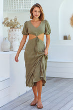 Load image into Gallery viewer, Vivienne Linen Khaki Cutout Puff Sleeve Dress