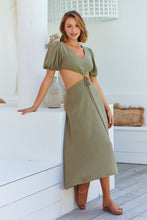 Load image into Gallery viewer, Vivienne Linen Khaki Cutout Puff Sleeve Dress