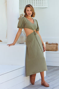 Vivienne Linen Khaki Cutout Puff Sleeve Dress