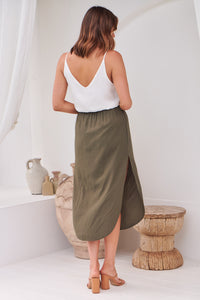 Maris Khaki Tie Waist Midi Side Split Skirt