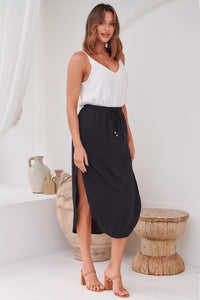 Maris Black Tie Waist Midi Side Split Skirt