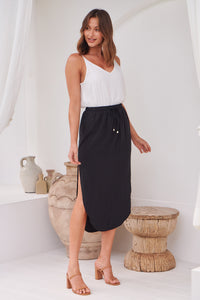 Maris Black Tie Waist Midi Side Split Skirt