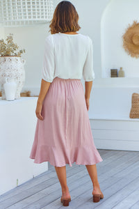 Ciri Pink Tie Waist Midi Linen Skirt