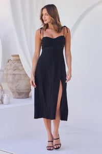 Laurel Faux Linen Black Midi Dress