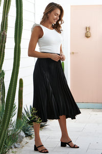 Adelaide Pleated Black Satin Aline Skirt