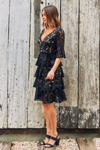 London Black Lace Tiered Evening Dress