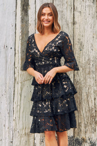 London Black Lace Tiered Evening Dress