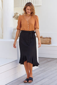 Ciri Black Tie Waist Midi Linen Skirt