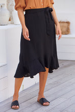 Load image into Gallery viewer, Ciri Black Tie Waist Midi Linen Skirt