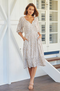 Robin White/Beige Leopard Print Elasticated Waist Maxi Dress