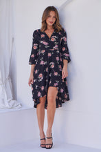 Load image into Gallery viewer, Hailey Cross Over Long Sleeve Black/Pink Floral Print Dress