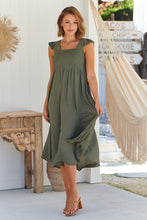 Load image into Gallery viewer, Raquel Frill shoulder Shirred Bust Khaki Midi Dress