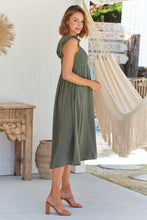Load image into Gallery viewer, Raquel Frill shoulder Shirred Bust Khaki Midi Dress
