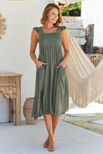 Load image into Gallery viewer, Raquel Frill shoulder Shirred Bust Khaki Midi Dress
