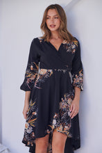 Load image into Gallery viewer, Hailey Cross Over Long Sleeve Black/Orange Print Dress