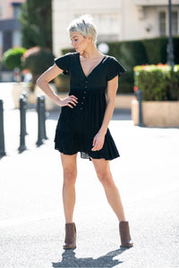 Violetta Button Front Black Linen Dress